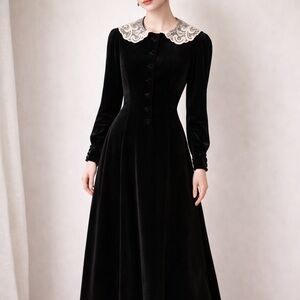 Vintage Laura Ashley Black Velvet Prairie Dress Lace Collar Whimsigoth Sz Medium